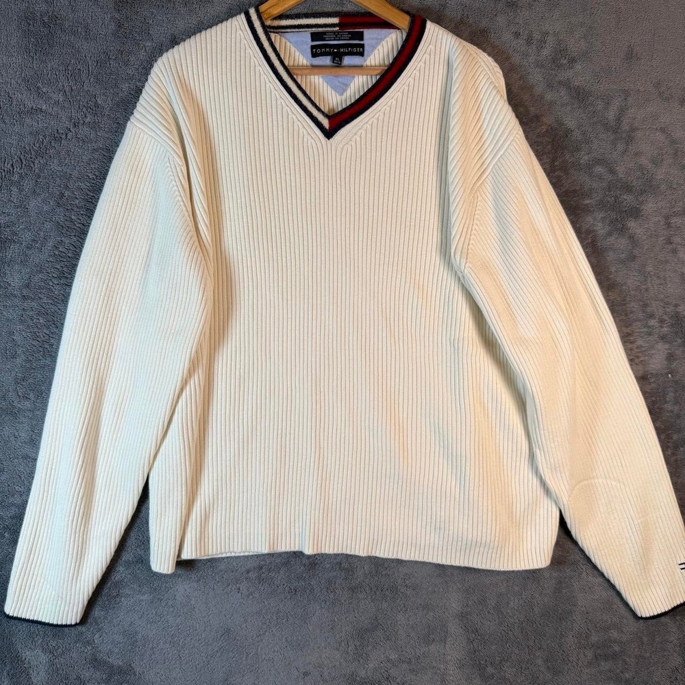 Vintage 90s Tommy Hilfiger Off white Lambswool Ribbed V-Neck Sweater XL